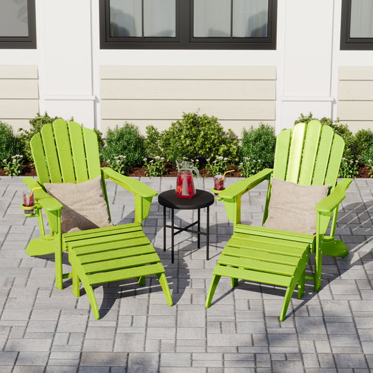 Highland 4-Piece Outdoor Patio HDPE Adirondack Chairs With Ottomans and Cup Holder Set