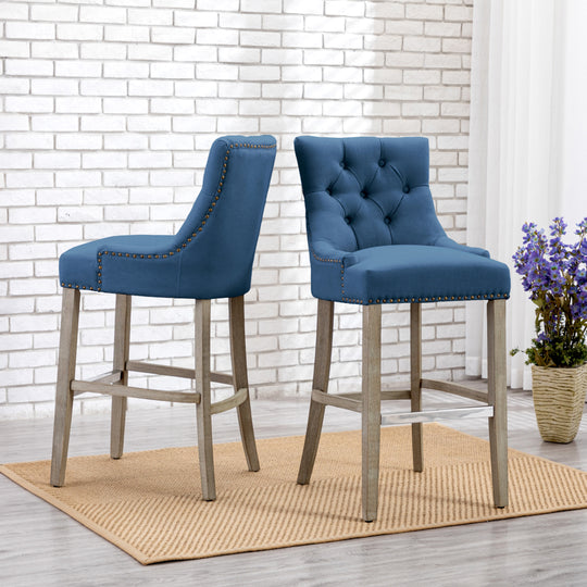 Hayes 29" Upholstered Tufted Wood Bar Stool (Set of 2), Antique Gray