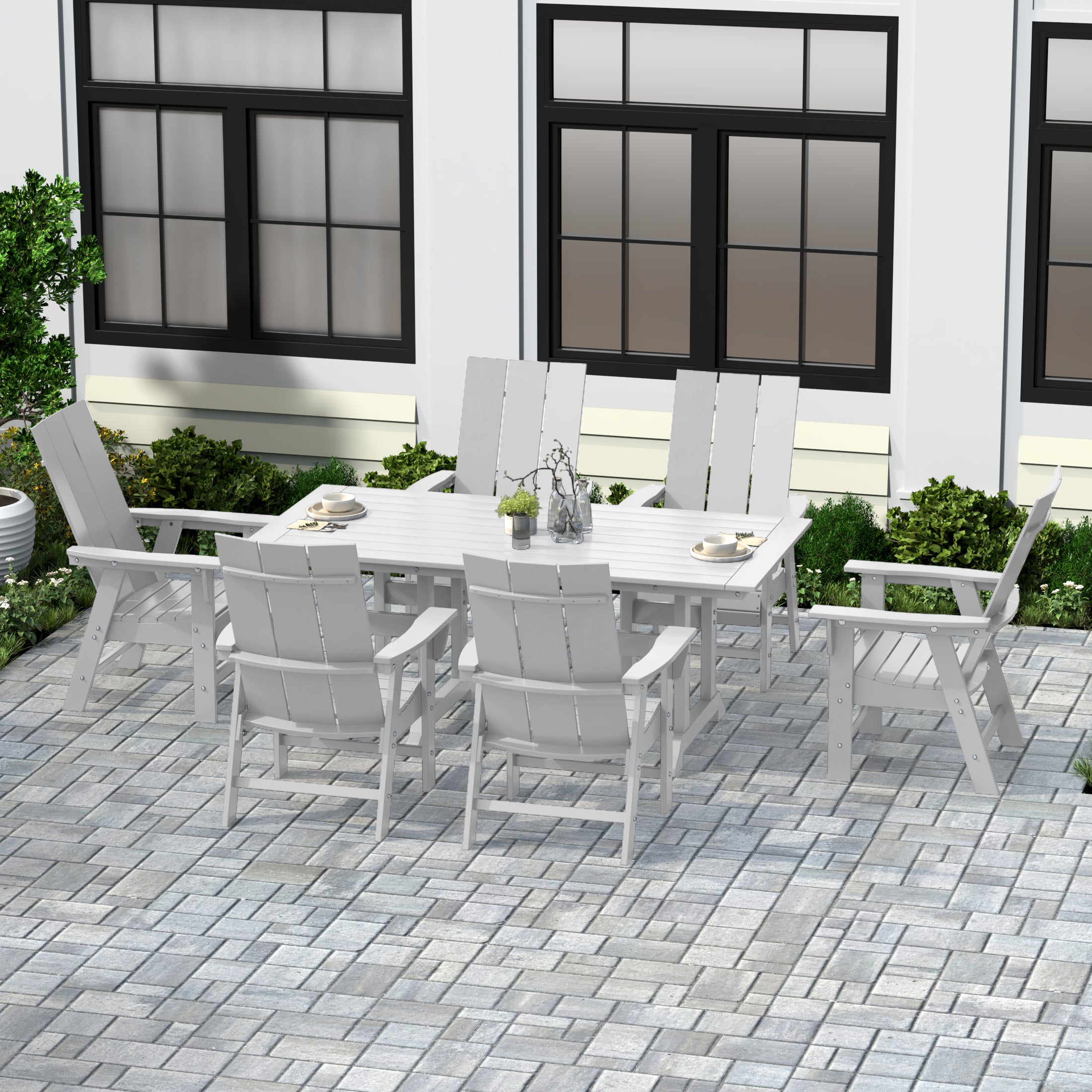 Ashore 7 Piece Outdoor Patio Dining Table and Modern Adirondack Armchair Set