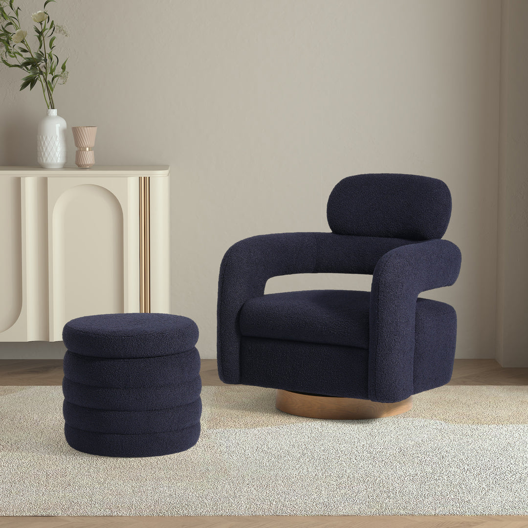 Alexandria Mid-Century Modern Sherpa Swivel Barrel Accent Chair With Storage Ottoman