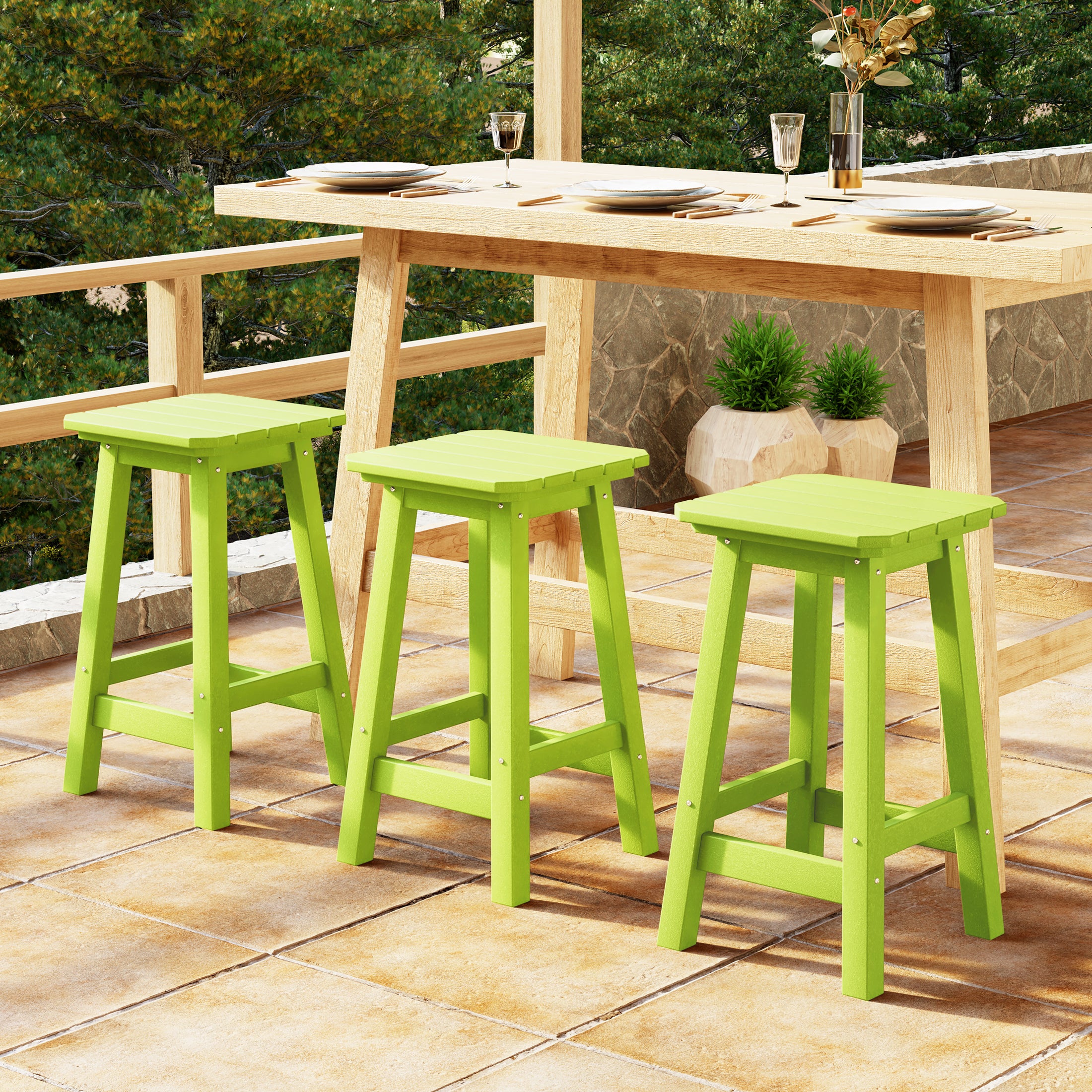 Malibu 24" HDPE Outdoor Patio Counter High Backless Square Bar Stools Set of Three