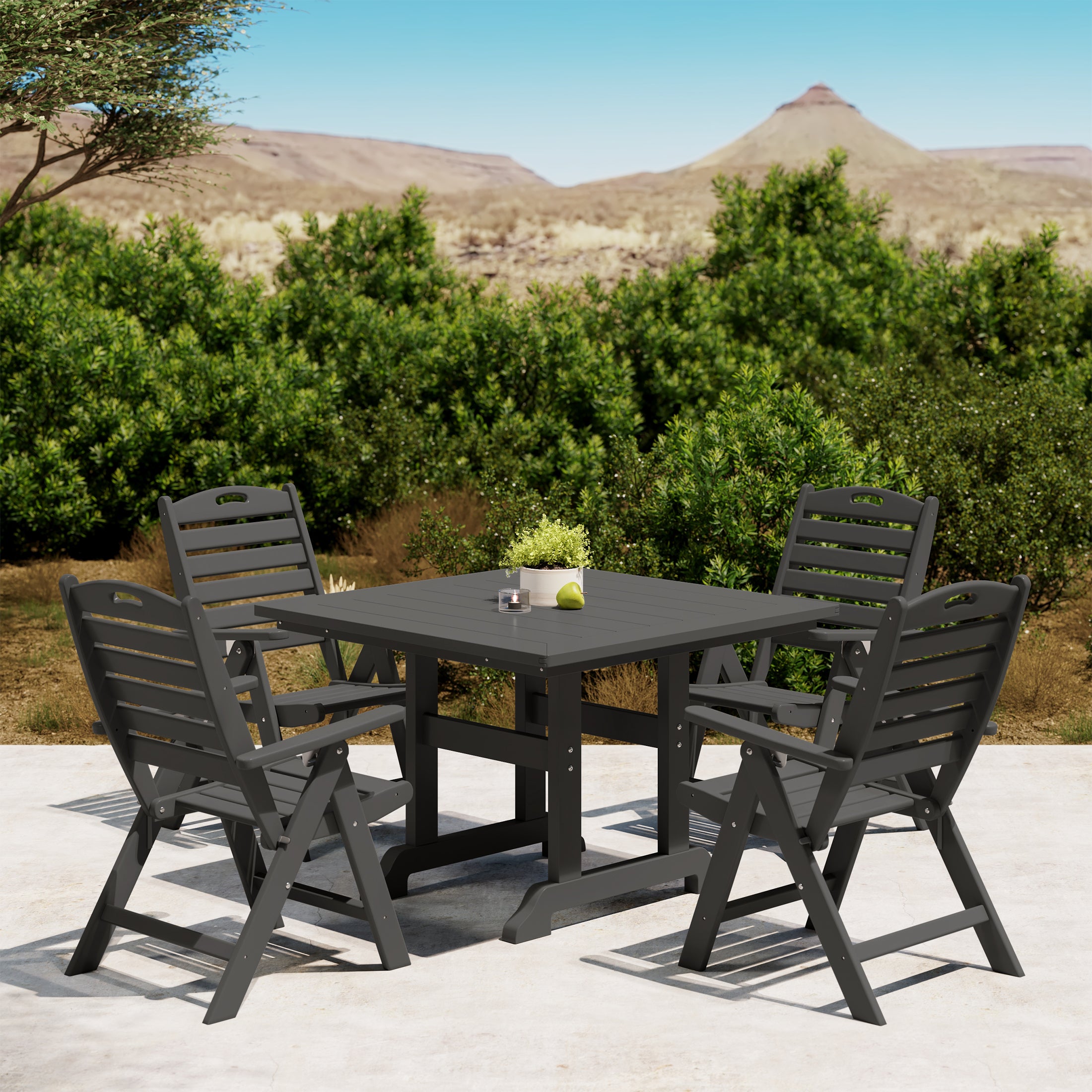 Malibu 5-Piece HDPE Square Patio Dining Table Set with Foldable Chairs