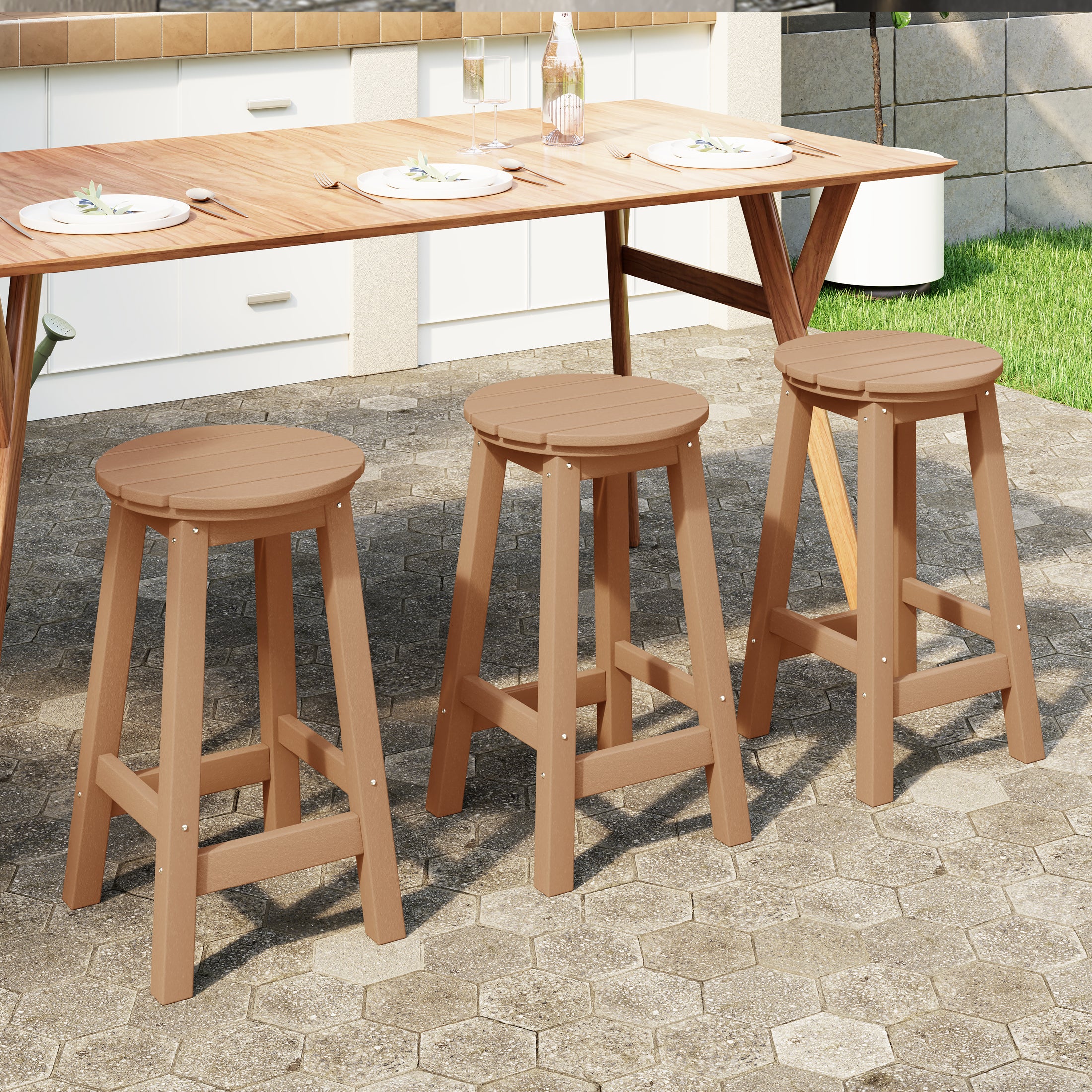 Malibu 24" HDPE Outdoor Patio Round Counter Height Bar Stool Set of 3