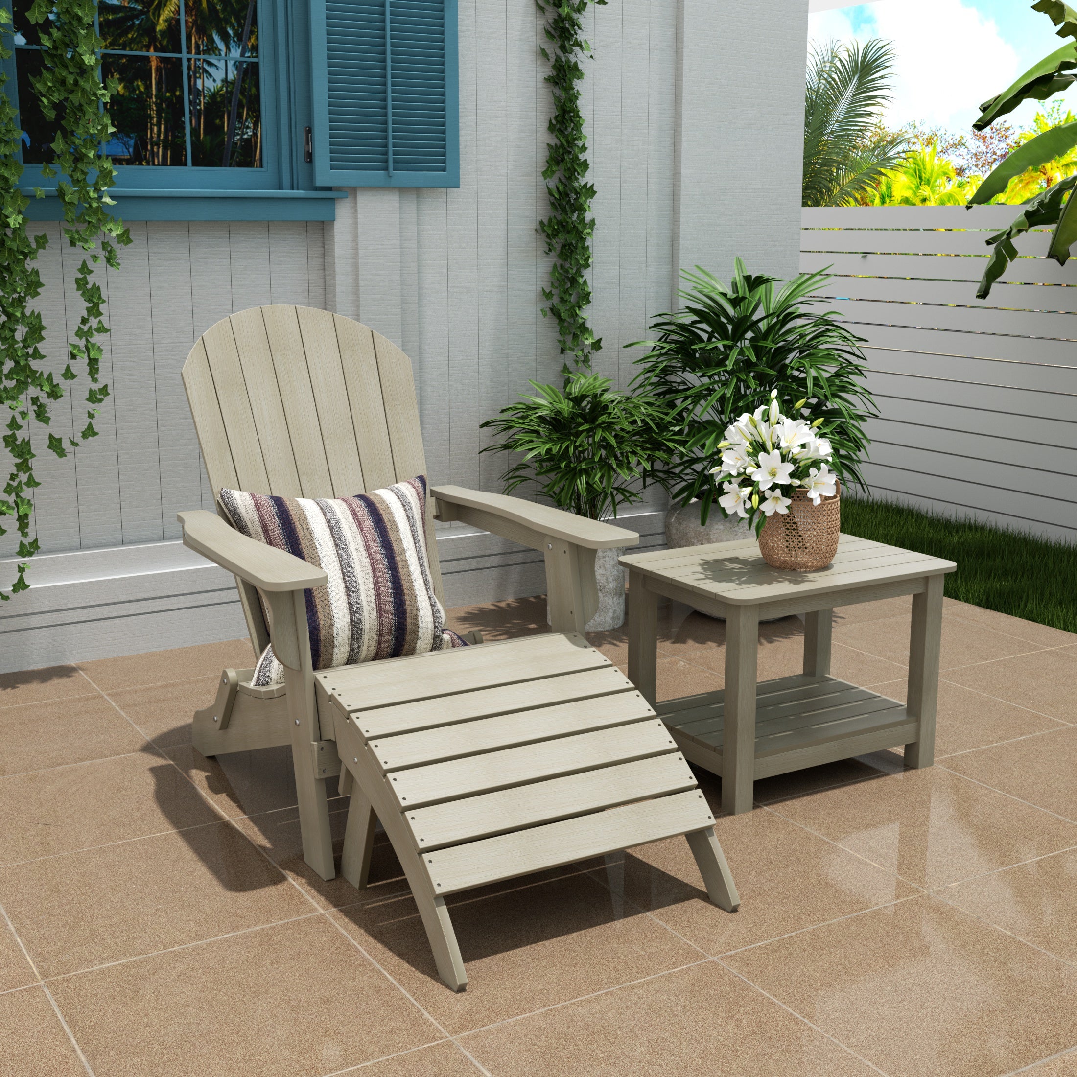 Tuscany 3-Piece HIPS Outdoor Folding Adirondack Seashell Chair With Folding Ottoman And Side Table