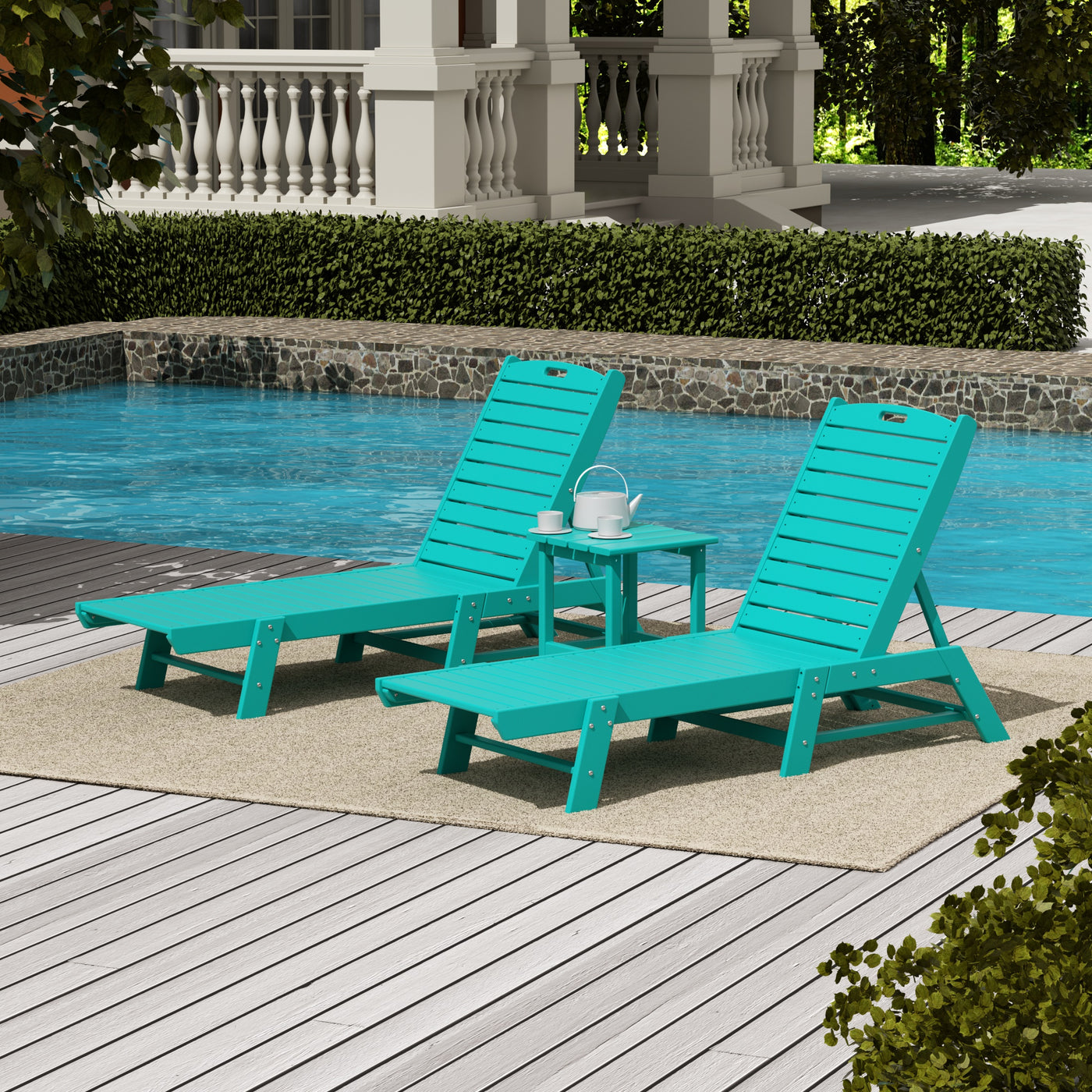 Malibu 3-Piece Poly Reclining Outdoor Patio Chaise Lounge Chair with Side Table Set