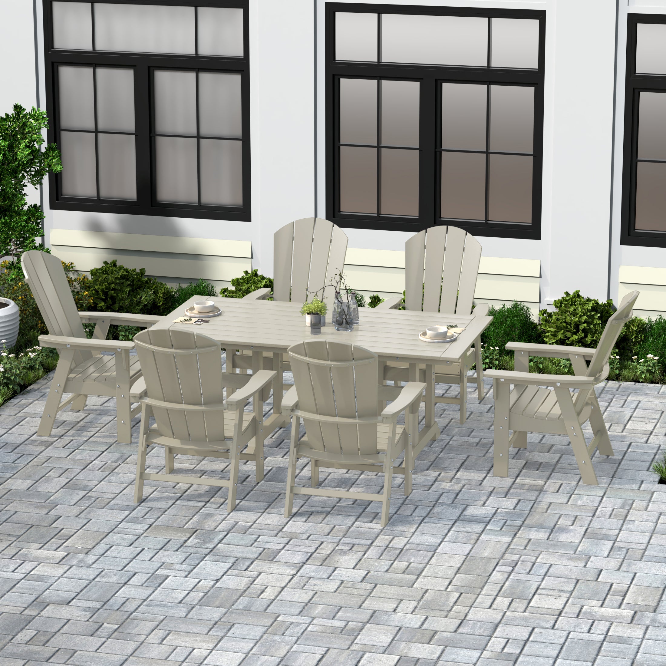 Malibu 7 Piece Outdoor Patio Dining Table and Adirondack Armchair Set