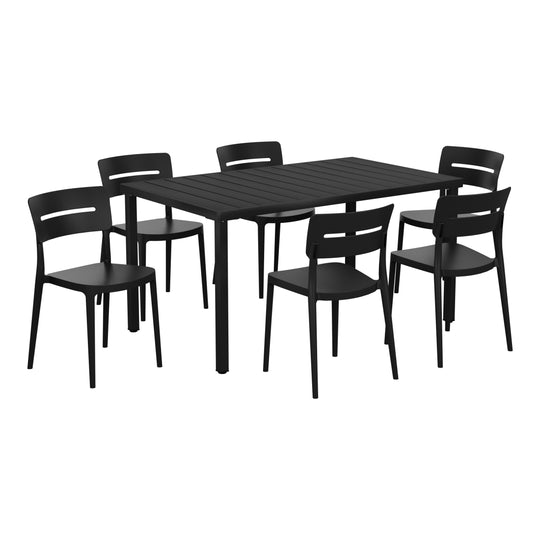 Playa 7-Piece Outdoor Rectangular Metal Patio Dining Table Set With Stackable Patio Chairs