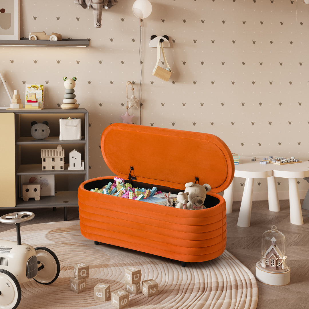 Phoebe 42" Wide Mid-Century Modern Upholstered Velvet Tufted Oval Storage Ottoman Bench