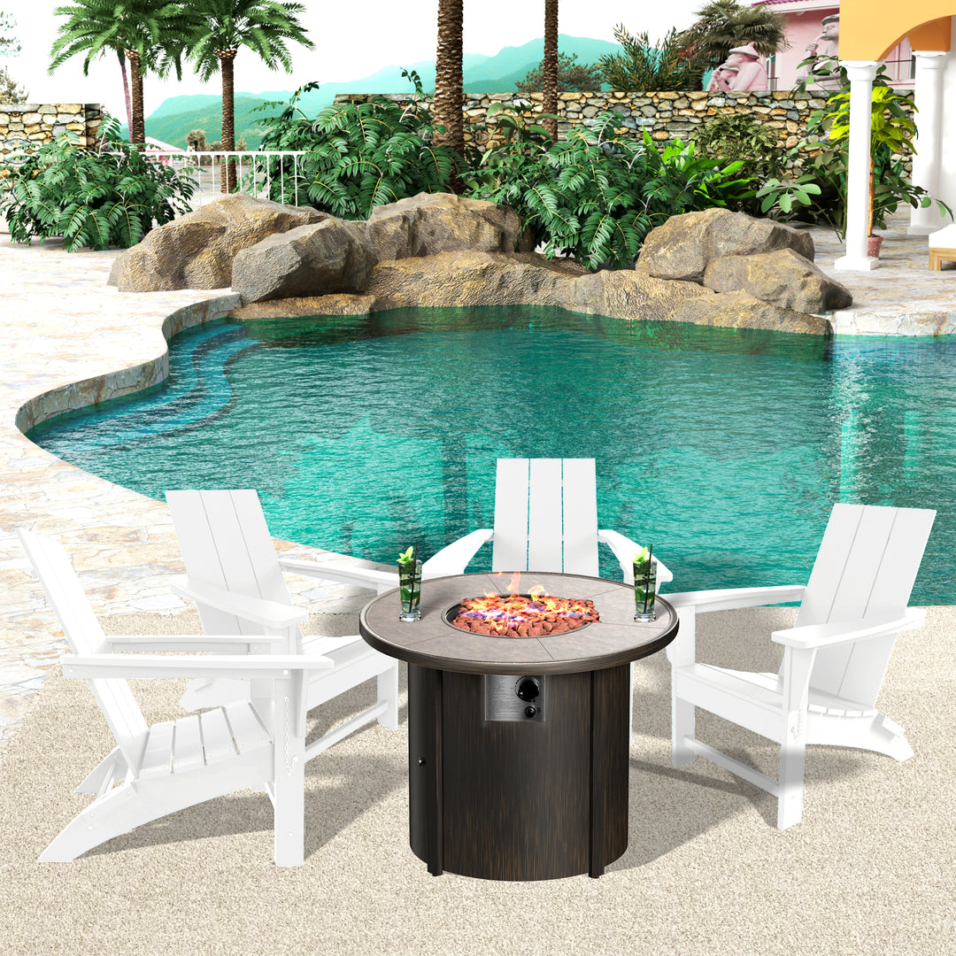 Ashore Modern Folding Poly Adirondack Chair With Round Fire Pit Table