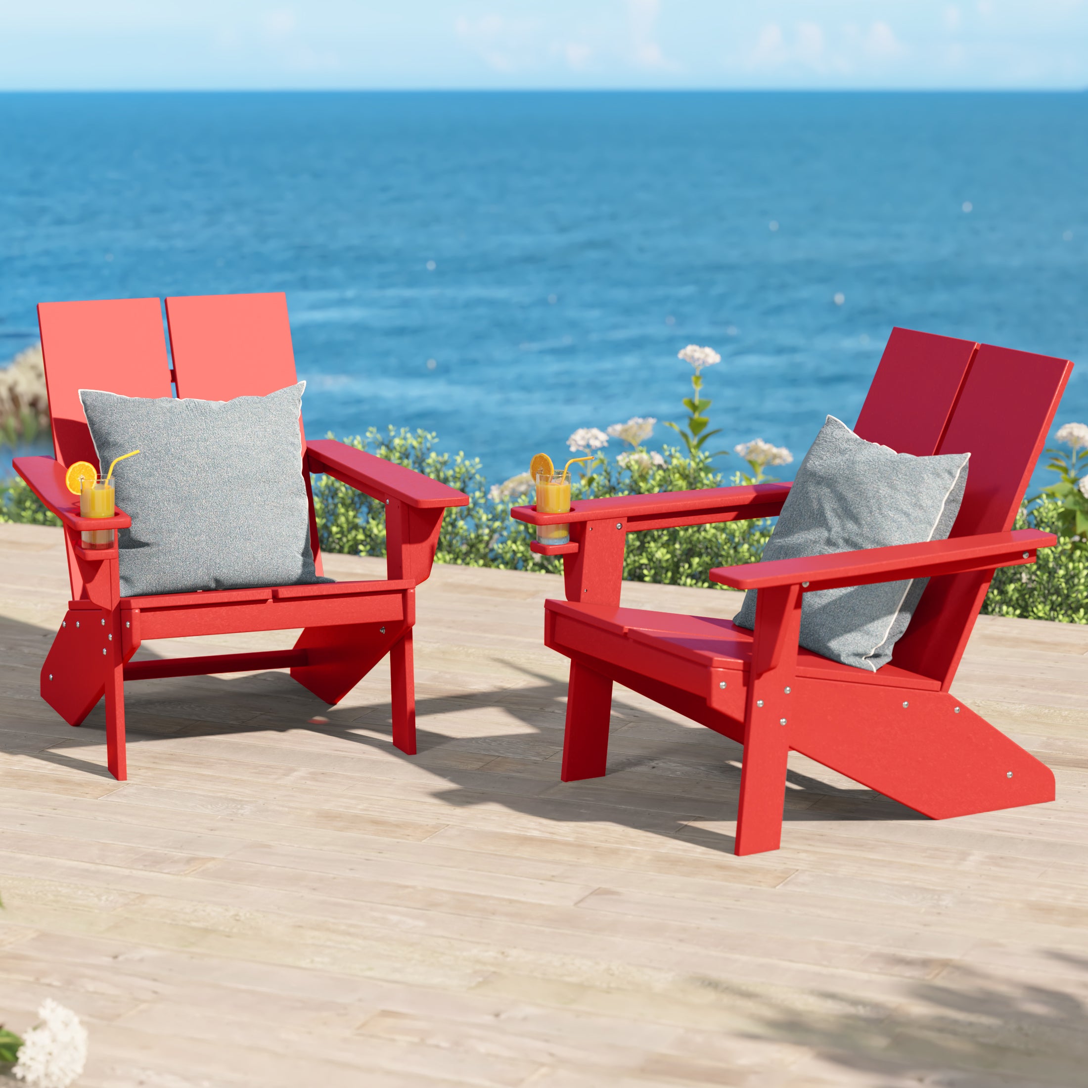 Riviera Outdoor HDPE Modern Adirondack Chair with Cup Holder (Set of 2)