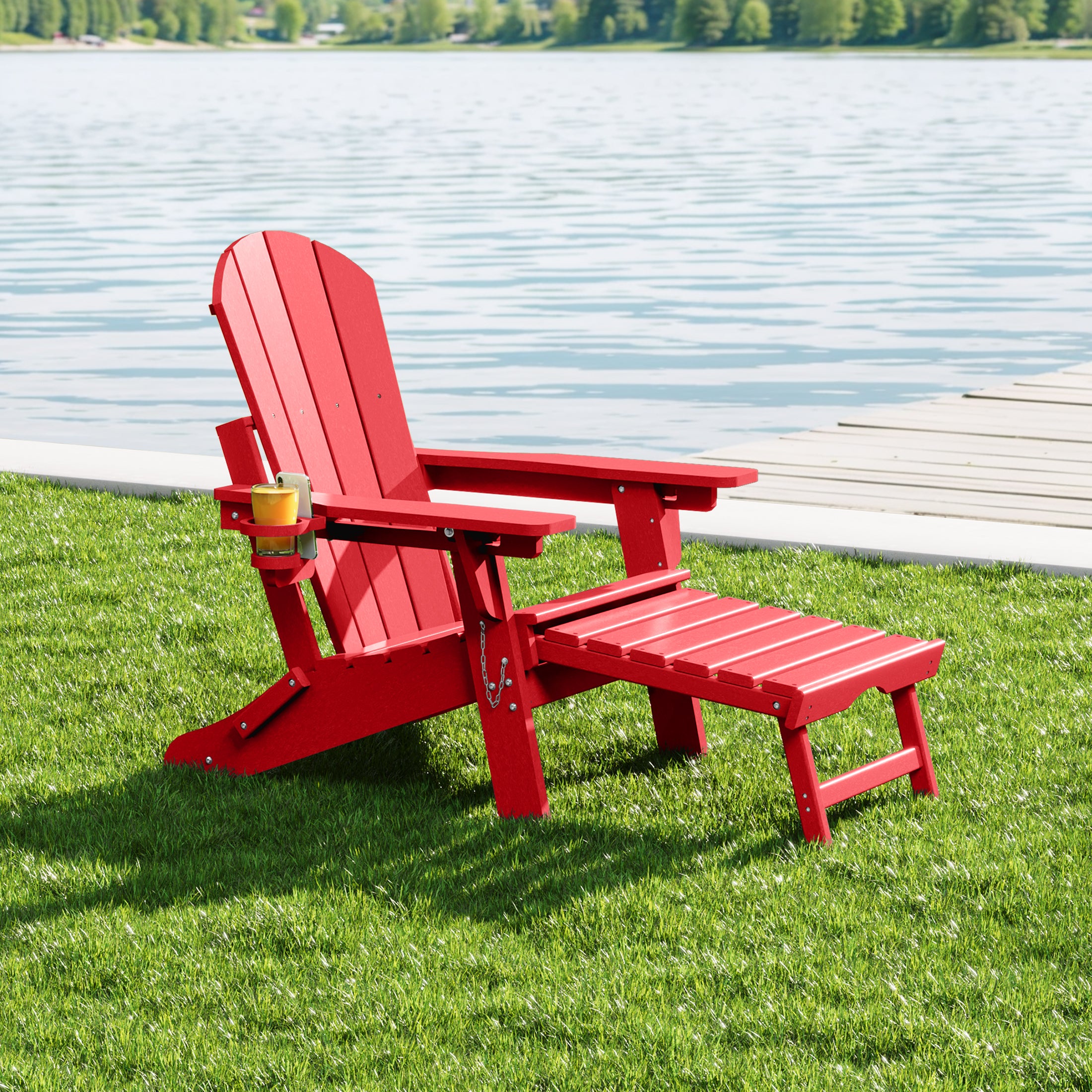 Malibu Folding Adjustable Adirondack Chair with Retractable Ottoman and Cup Holder