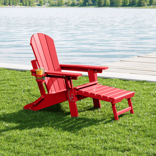 Malibu Folding Adjustable Adirondack Chair with Retractable Ottoman and Cup Holder