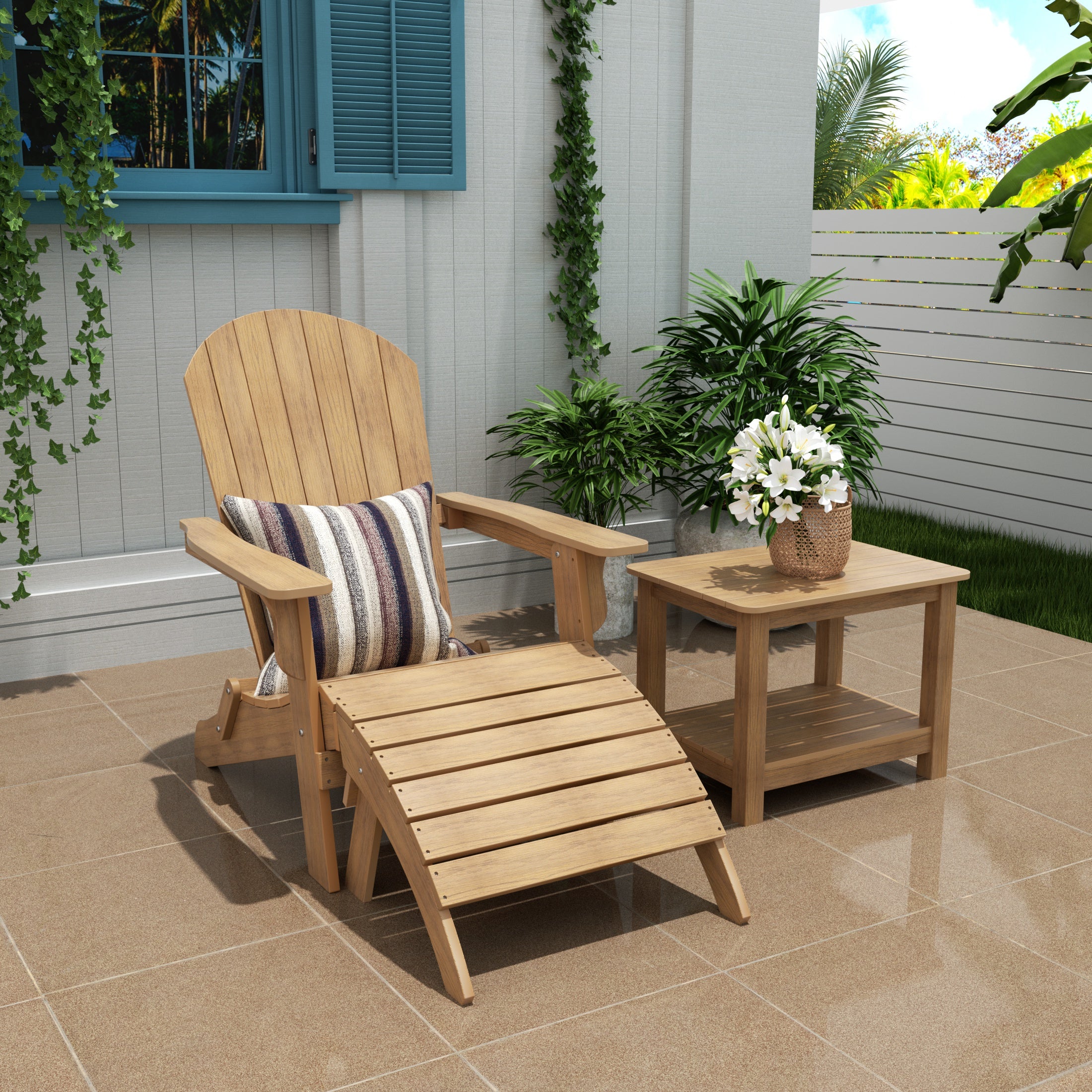 Tuscany 3-Piece HIPS Outdoor Folding Adirondack Seashell Chair With Folding Ottoman And Side Table