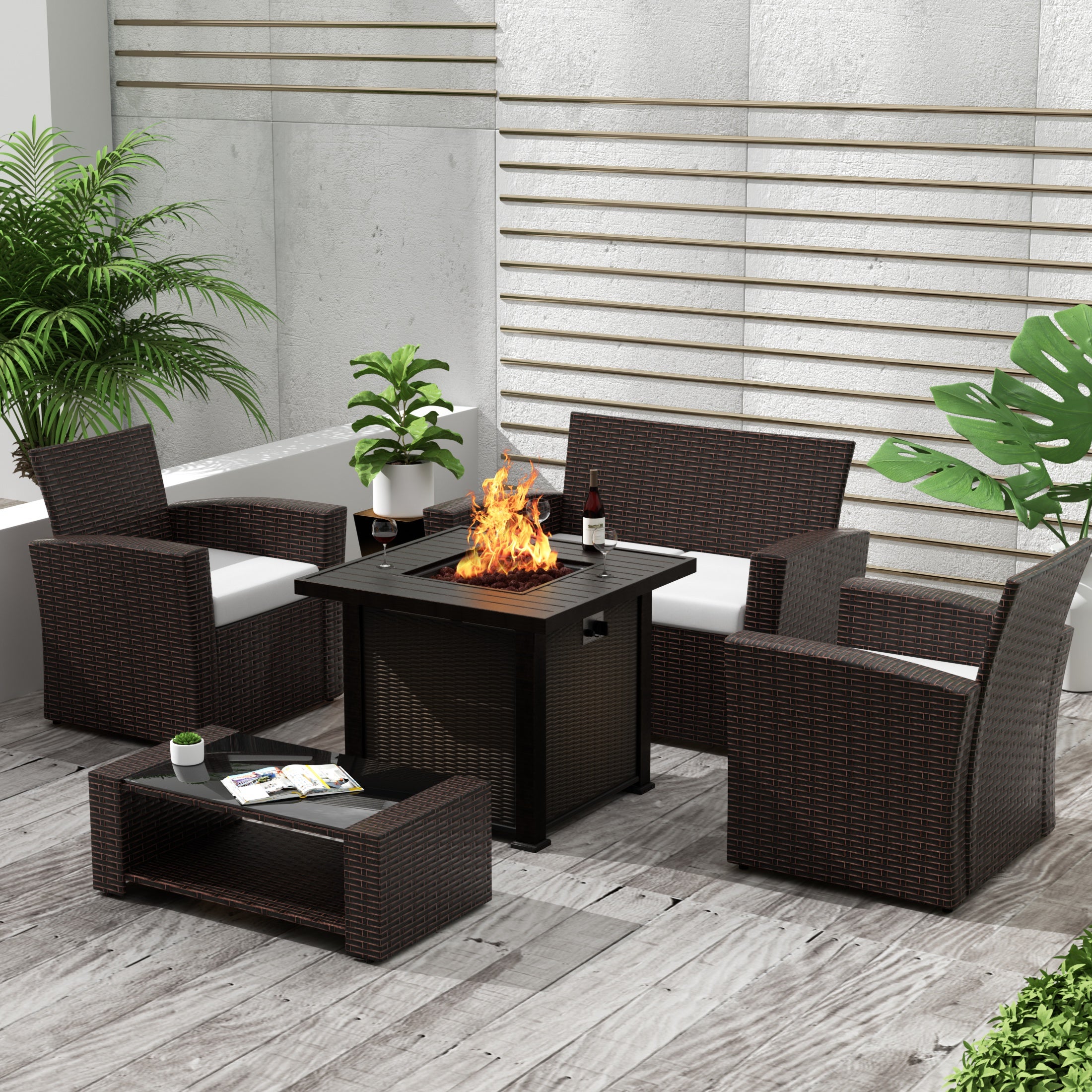 Coastal 4-Piece Conversation Outdoor Patio Sofa Set with Square Fire Pit Table, Chocolate