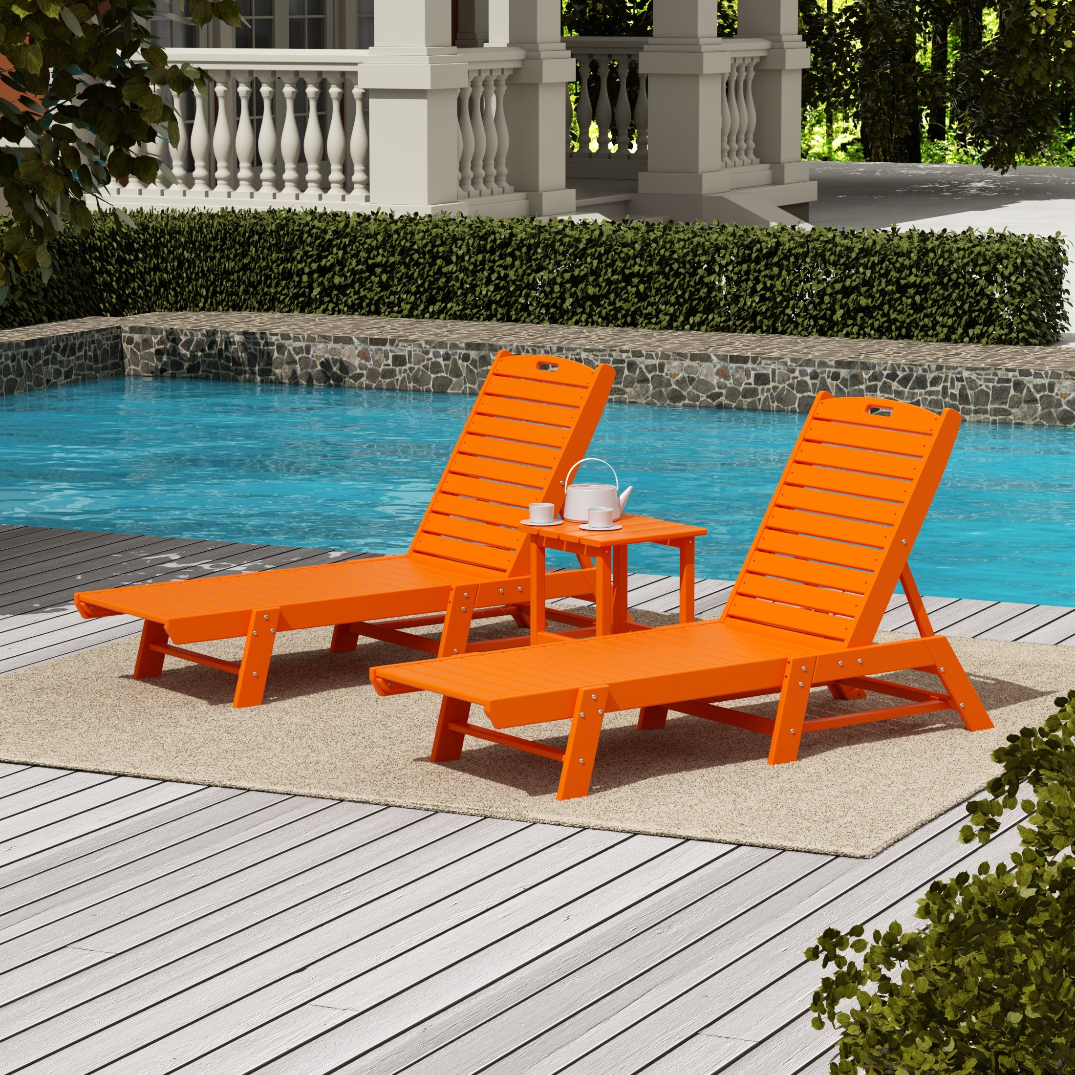 Malibu Poly Reclining Outdoor Patio Chaise Lounge Chair with Side Table Set