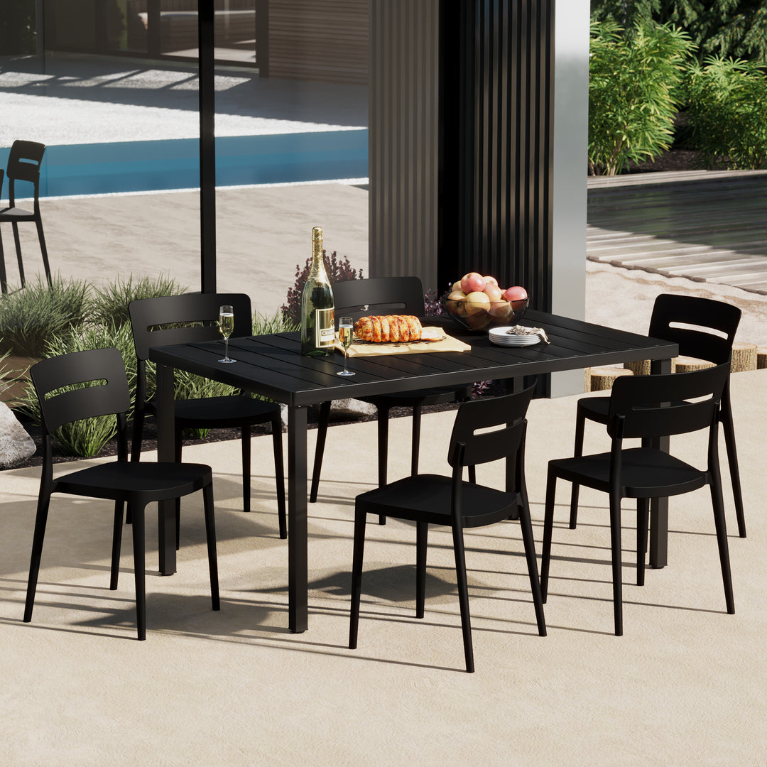 Playa 7-Piece Outdoor Rectangular Metal Patio Dining Table Set With Stackable Patio Chairs