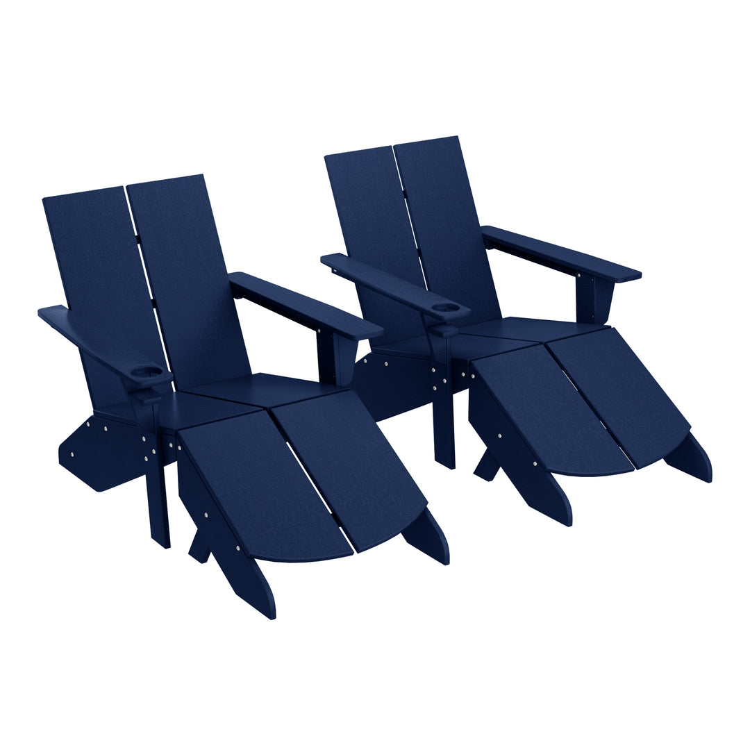 Riviera Outdoor 4-Piece HDPE Modern Adirondack Chairs Set with Folding Patio Ottomans and Cup Holder