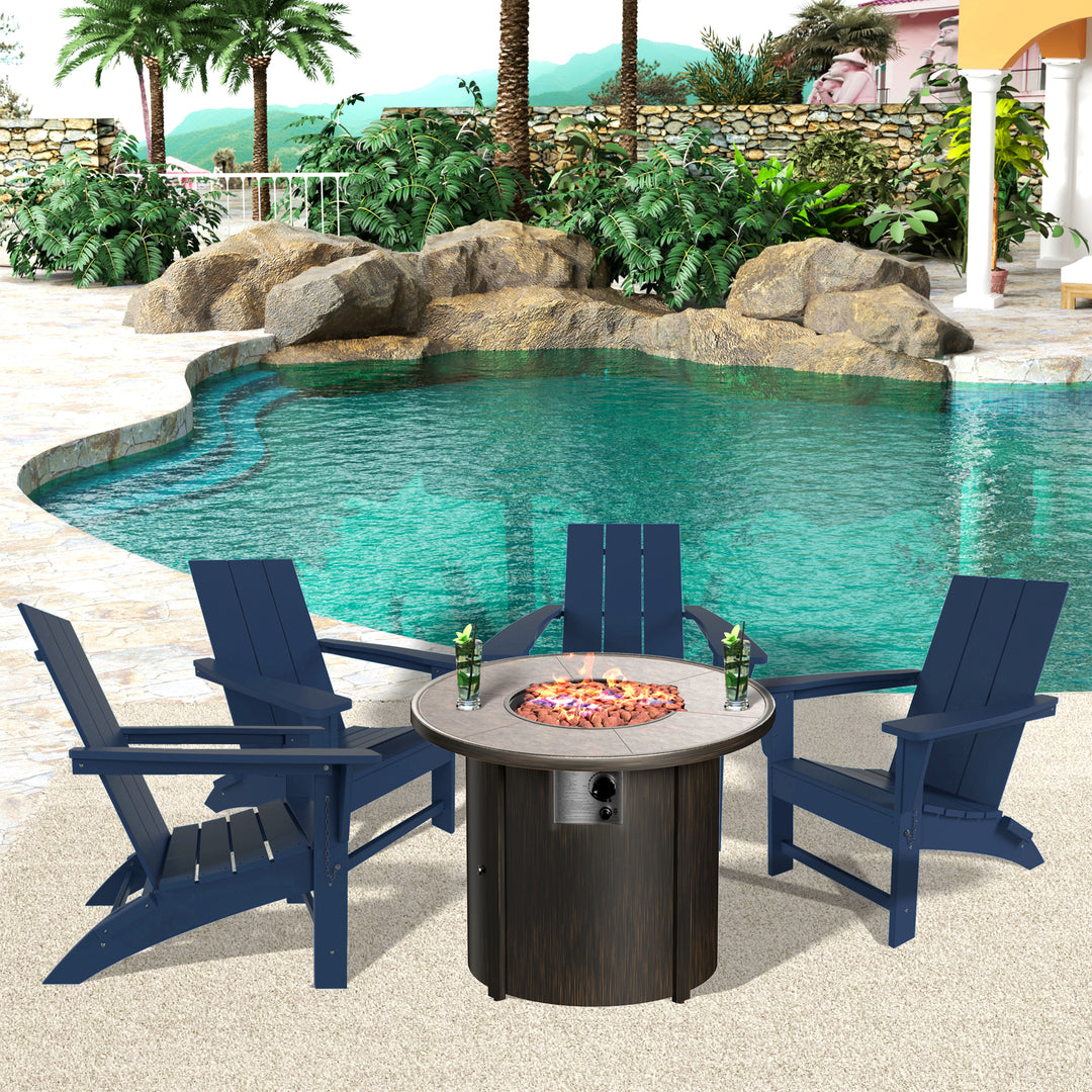 Ashore Modern Folding Poly Adirondack Chair With Round Fire Pit Table