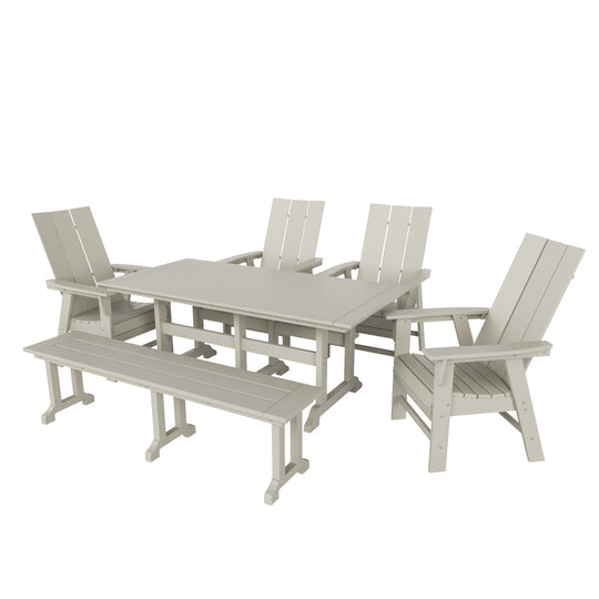 Ashore 6 Piece Outdoor Patio Rectangle Dining Table and Dining Bench Modern Armchair Set