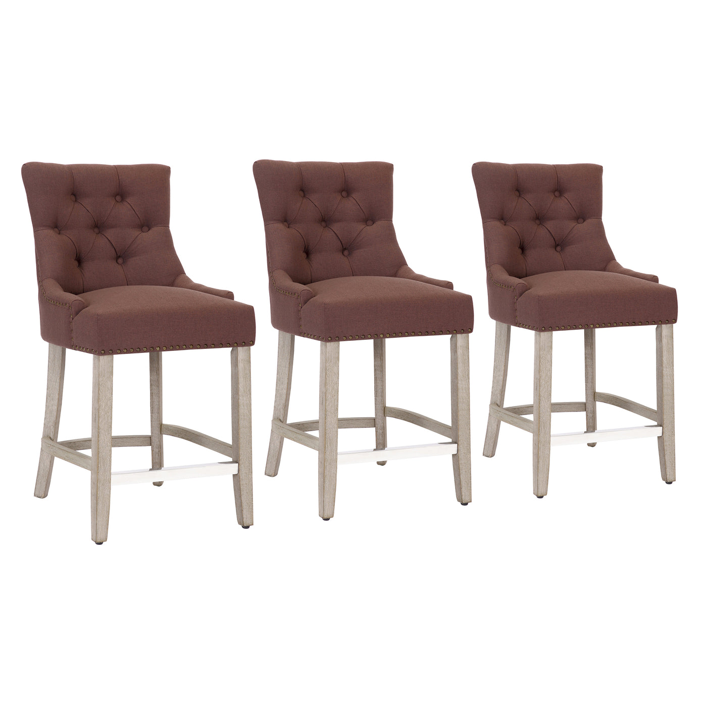 Hayes 24" Upholstered Tufted Wood Bar Stool (Set of 3), Antique Gray