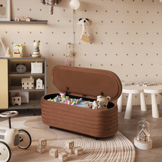 Phoebe 42" Wide Mid-Century Modern Upholstered Velvet Tufted Oval Storage Ottoman Bench