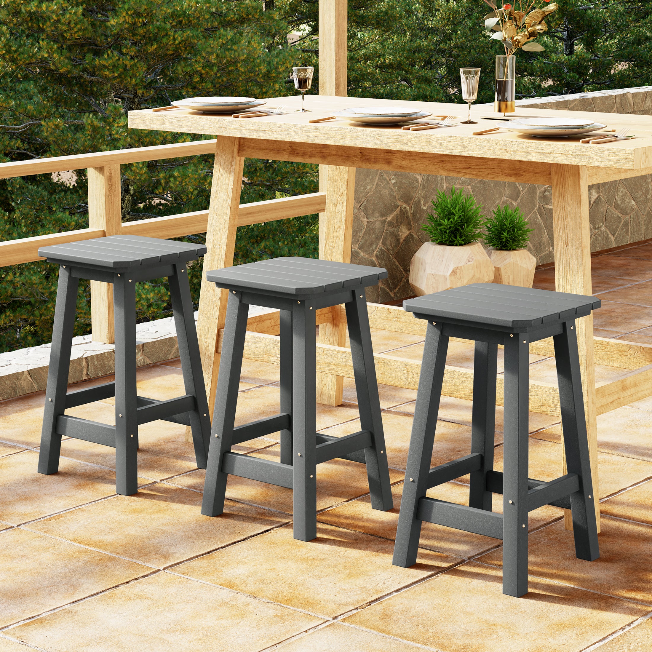 Malibu 24" HDPE Outdoor Patio Counter High Backless Square Bar Stools Set of Three