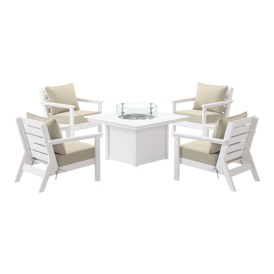 Avalon 5-Piece HDPE Patio Conversation Set with Cushions &amp; Square 42" Fire Pit Table
