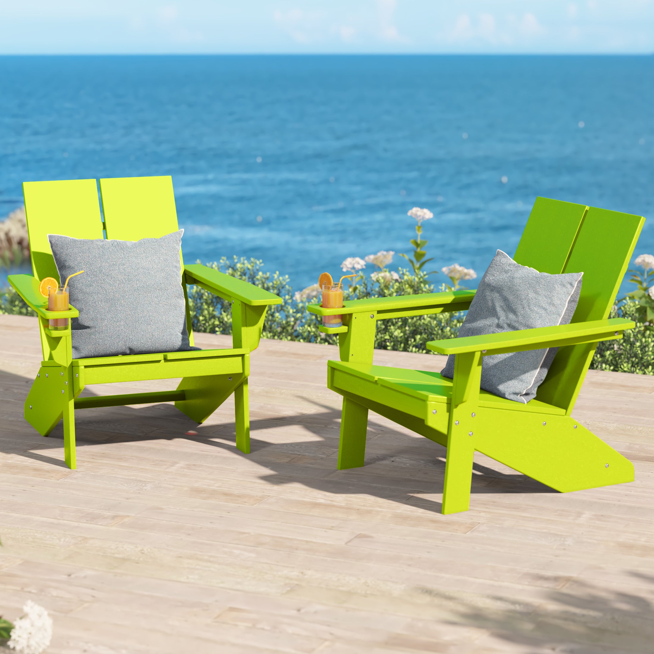 Riviera Outdoor HDPE Modern Adirondack Chair with Cup Holder (Set of 2)