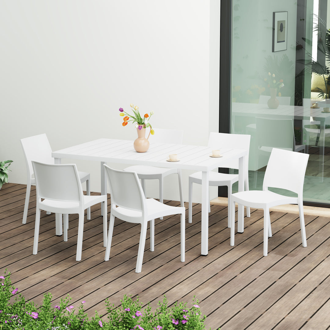 Playa 7-Piece Outdoor Rectangular Metal Patio Dining Table Set With Stackable Resin Patio Side Chairs