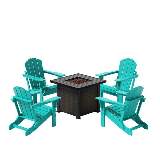 Malibu Modern Folding Poly Adirondack Chair With Square Fire Pit Table Set