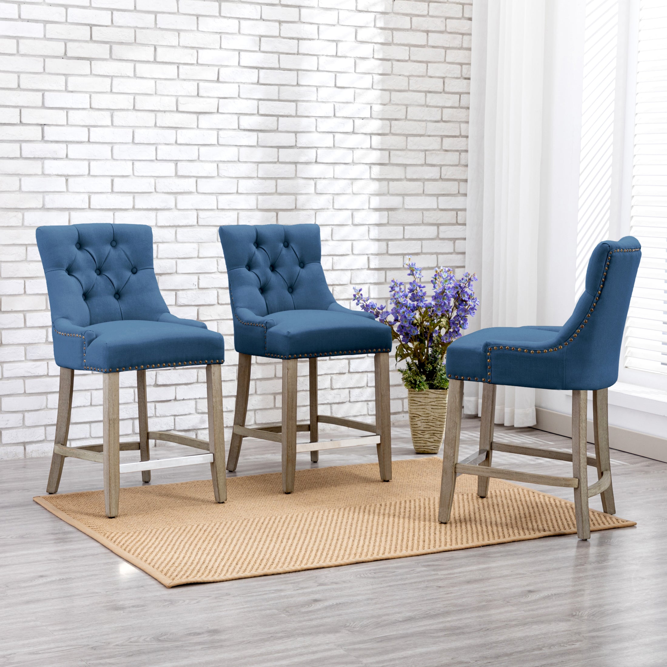Hayes 24" Upholstered Wood Bar Stool with Tufted Back (Set of 3)
