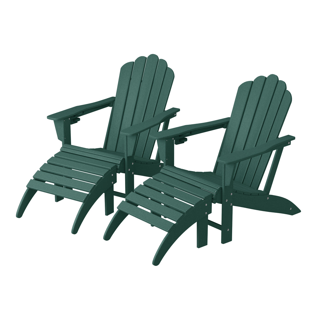 Highland 4-Piece Outdoor Patio HDPE Adirondack Chairs With Ottomans and Cup Holder Set