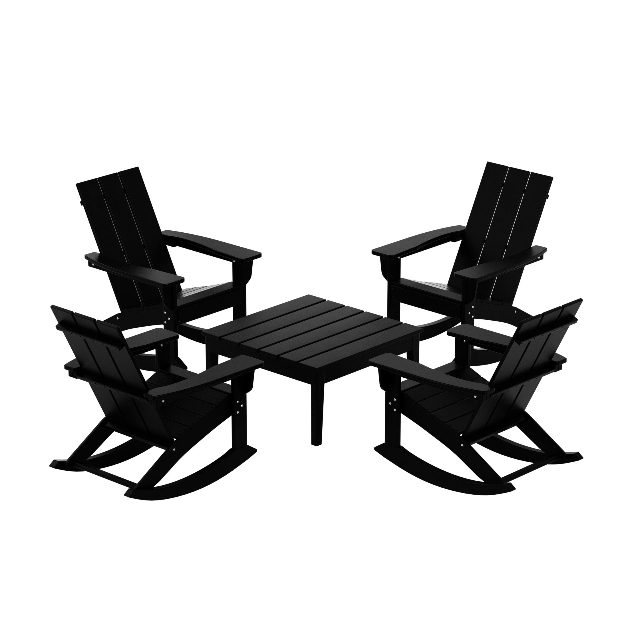Ashore 5-Piece Set Modern Plastic Outdoor Rocking Chairs with Square Side Table