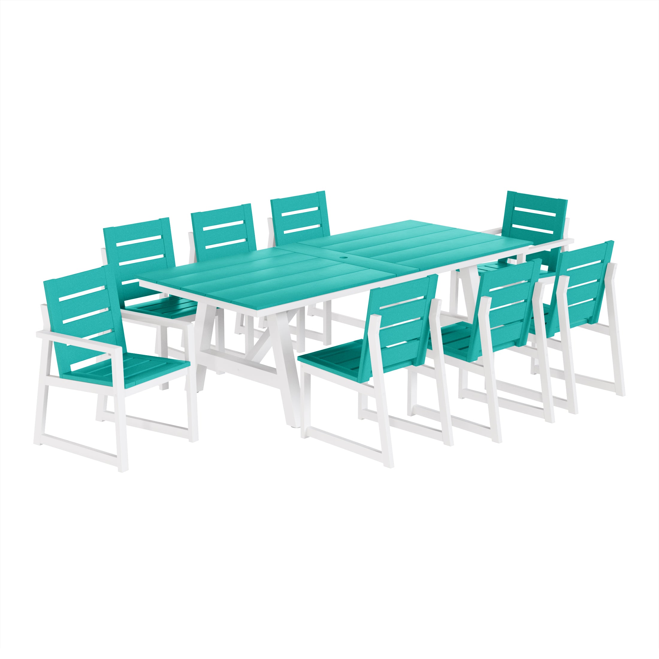 Cape May 9-Piece HDPE Outdoor Furniture Patio Dining Table With Umbrella Hole and Chairs Set For 8