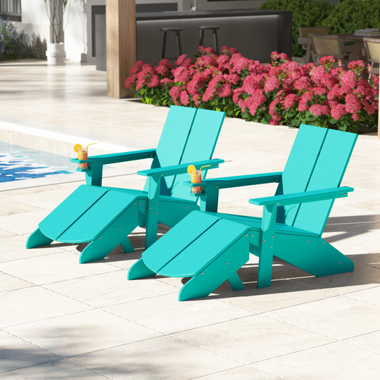 Riviera Outdoor 4-Piece HDPE Modern Adirondack Chairs Set with Folding Patio Ottomans and Cup Holder