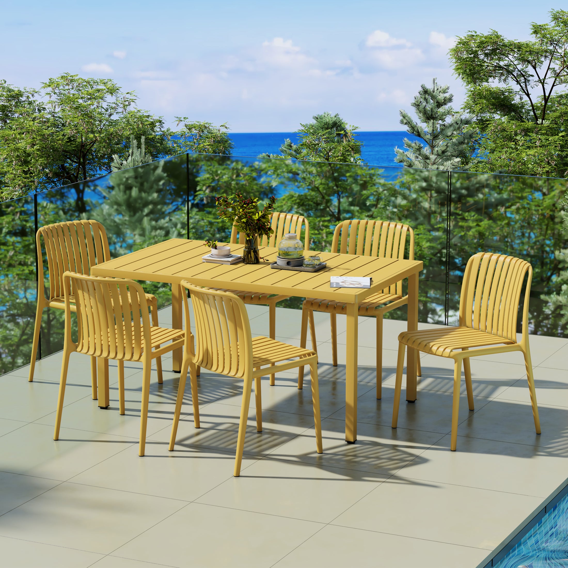 Playa 7-Piece Outdoor Patio Dining Table Set With Stackable Patio Chairs