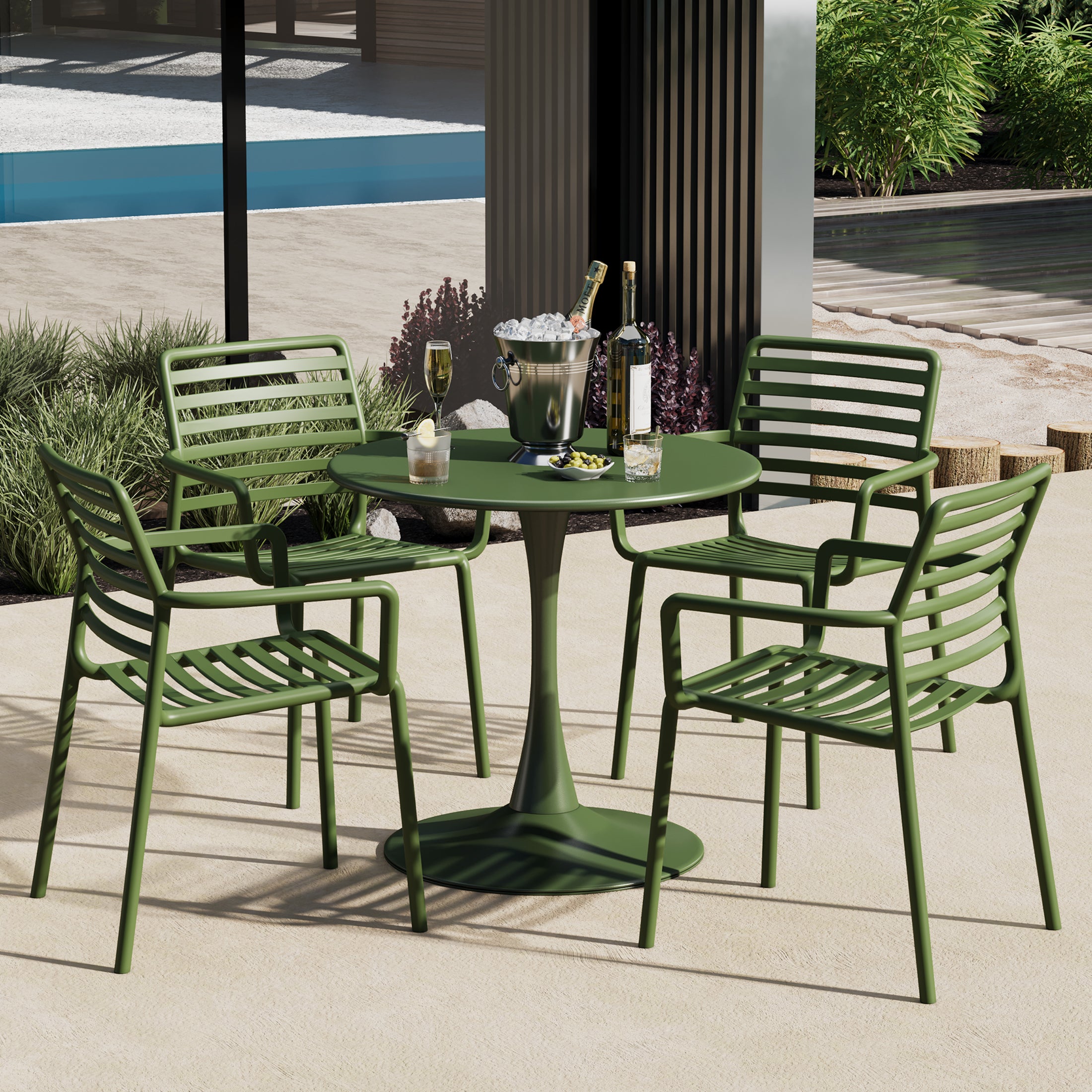 Playa 5-Piece Indoor Outdoor Metal Patio Dining Table Set With Stackable Plastic Patio Arm Chairs