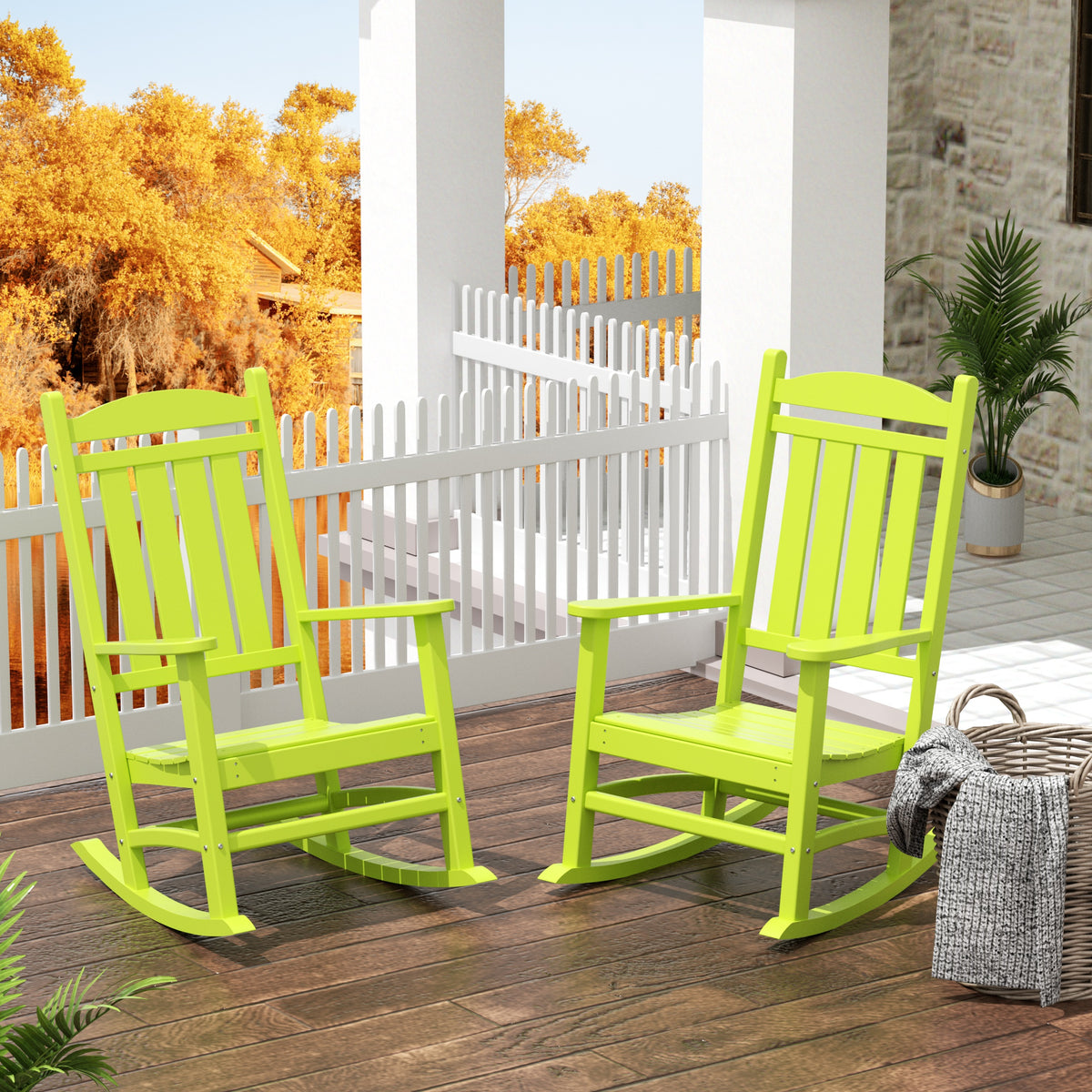 Malibu rocking chair in Lime styled outdoors