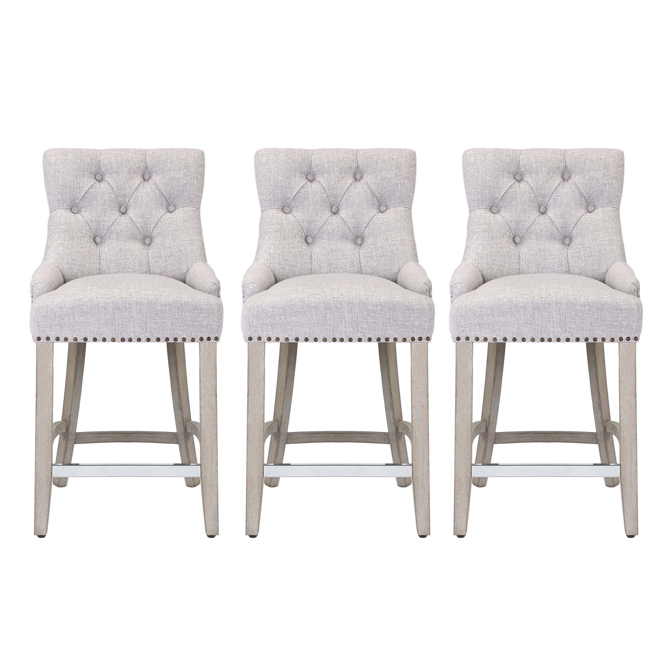 Hayes 24" Upholstered Wood Bar Stool with Tufted Back (Set of 3)