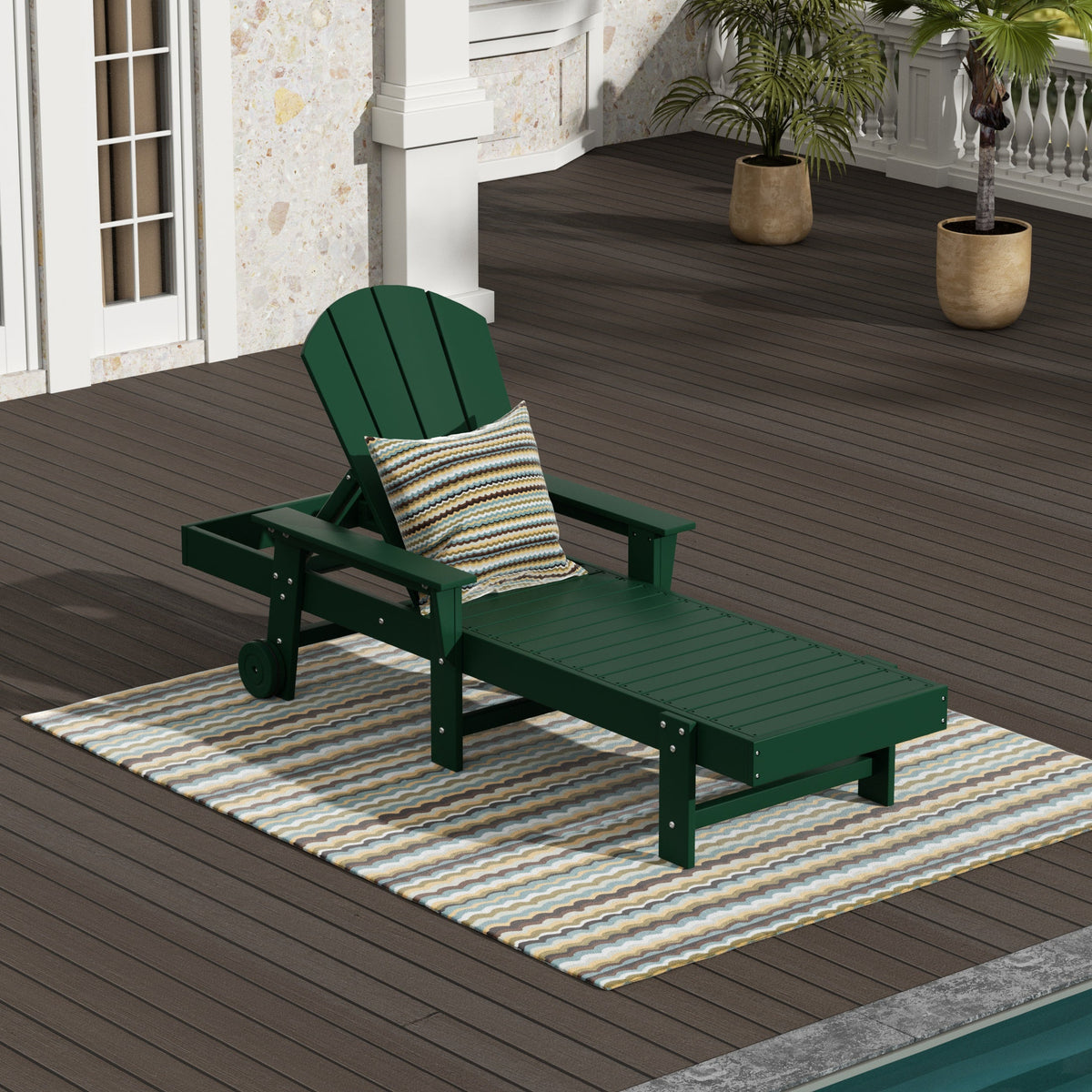 Malibu reclining chaise lounge with arms and wheels in Dark Green styled outdoors