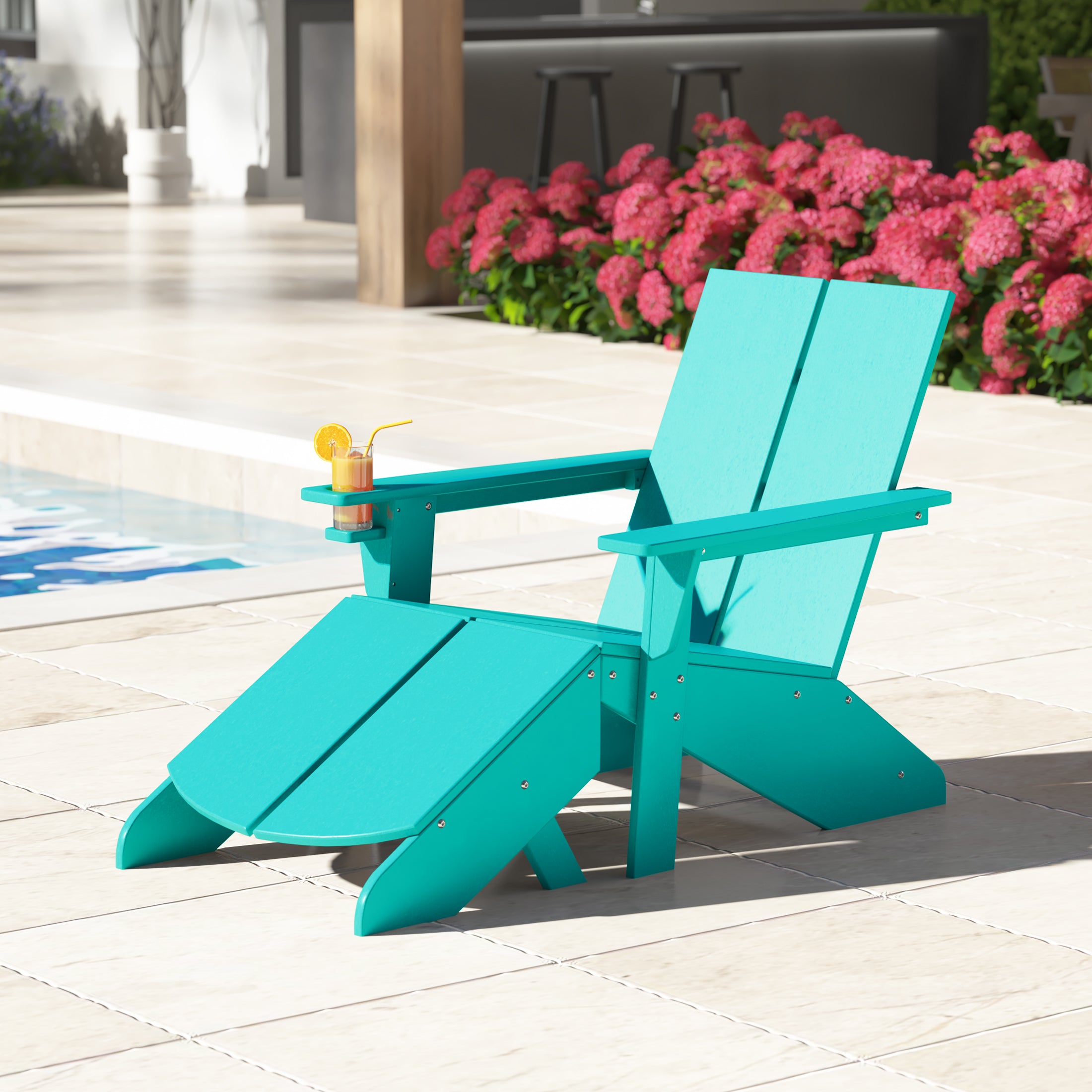 Riviera Outdoor HDPE Modern Adirondack Chair with Folding Patio Ottoman and Cup Holder
