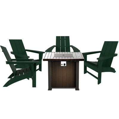 Ashore Modern Folding Poly Adirondack Chair With Square Fire Pit Table Set