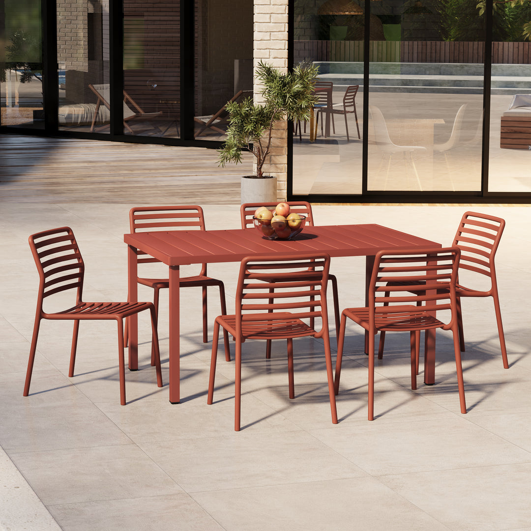 Playa 7-Piece Metal Rectangular Patio Dining Table Set With Stackable Plastic Dining Chairs For 6