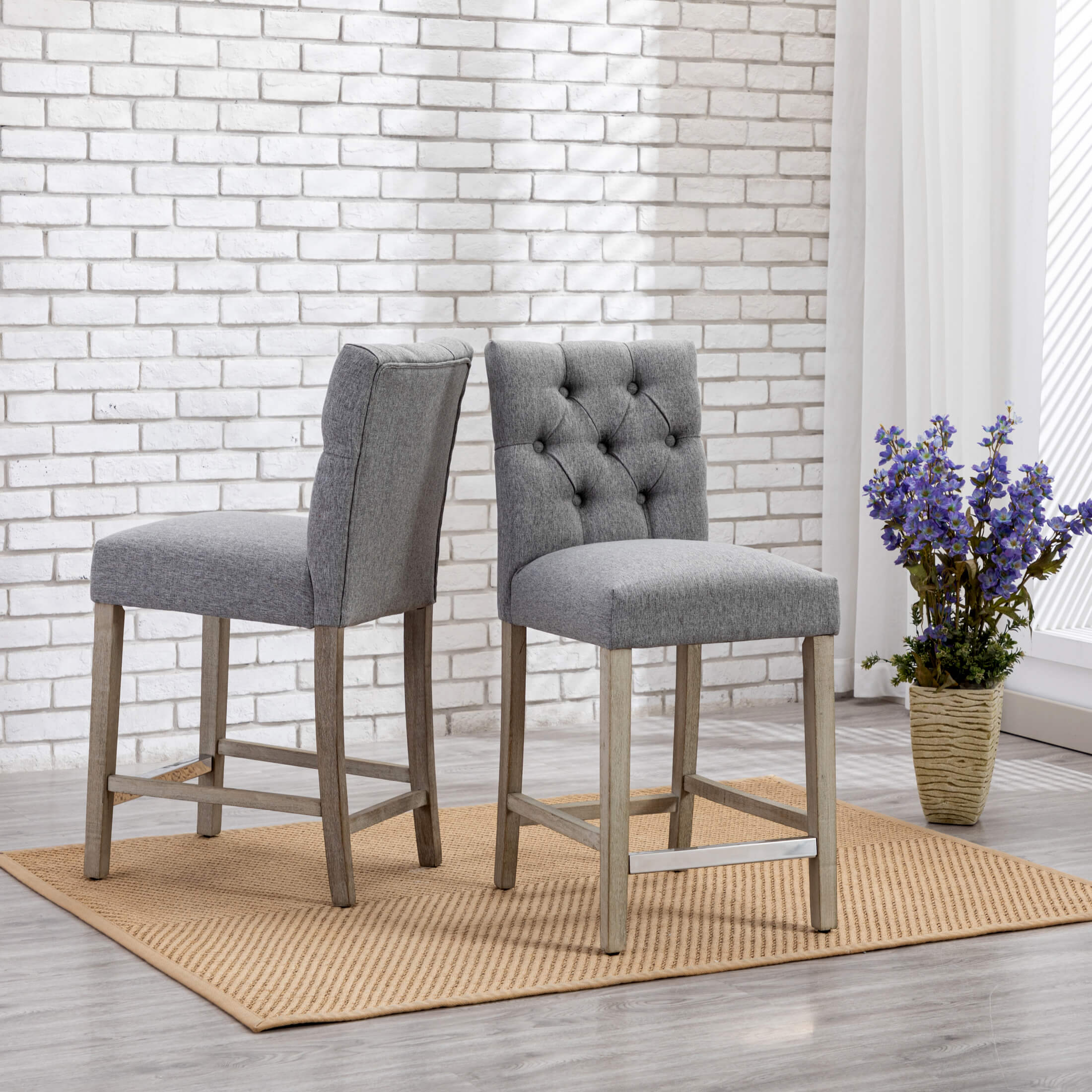 Hayes 24" Linen Fabric Tufted Counter Stool (Set of 2),Antique Gray