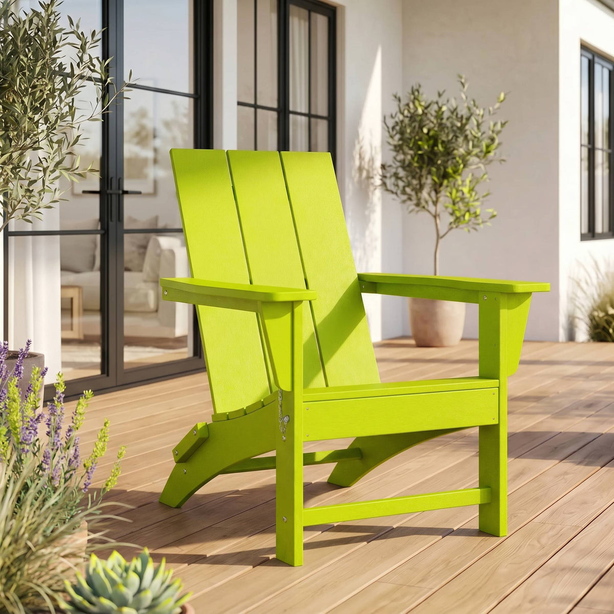 Ashore folding Adirondack chair in Lime styled outdoors