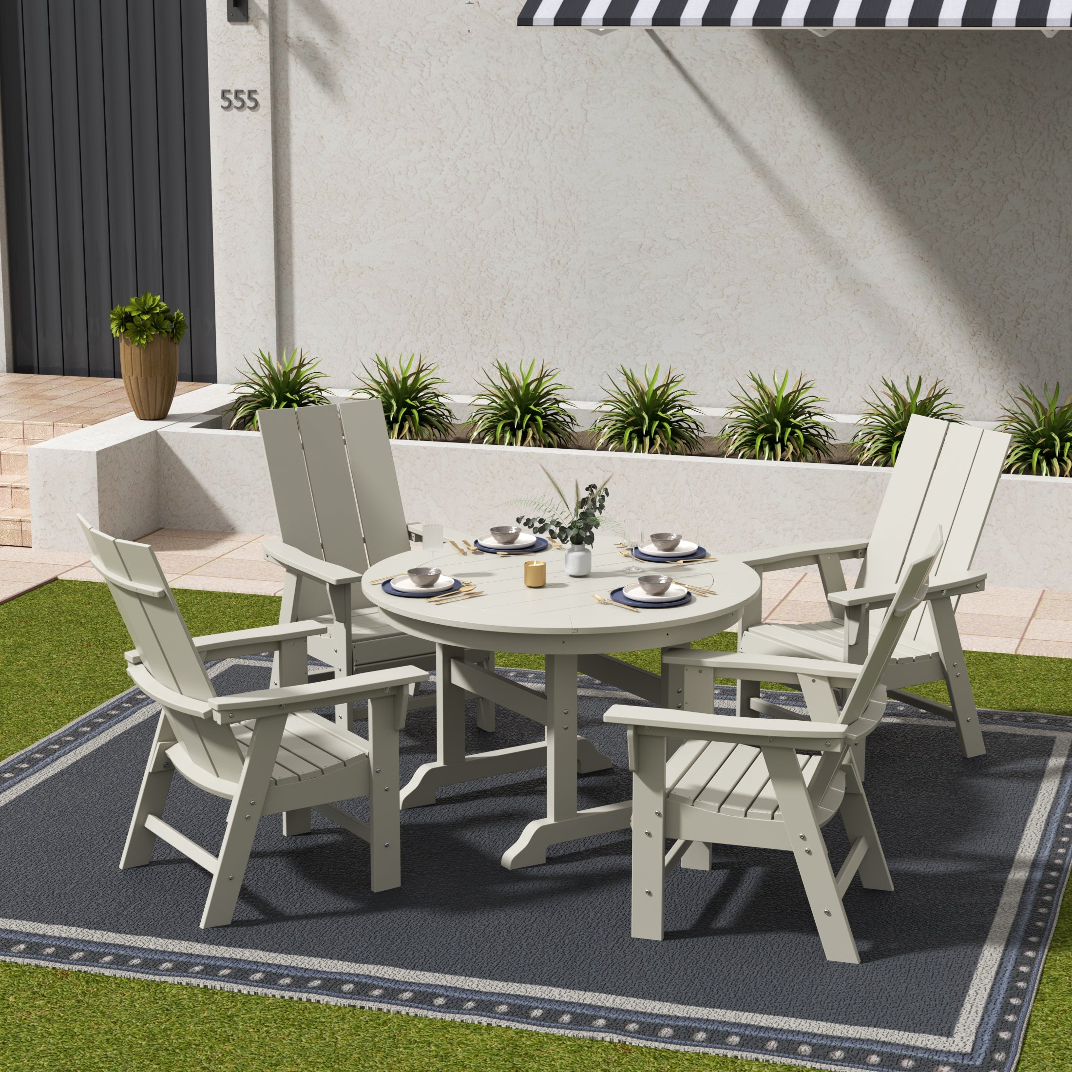 Ashore 5 Piece Outdoor Patio Dining Round Table and Modern Armchair Set