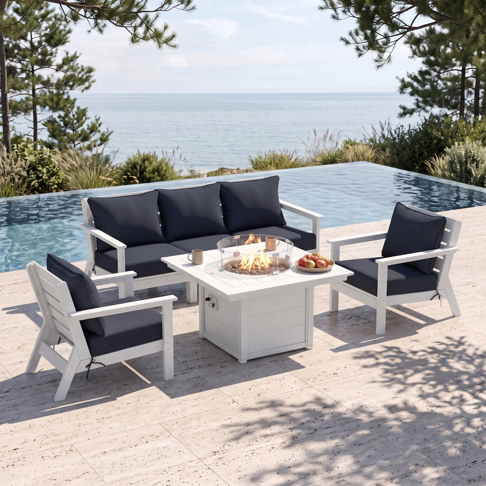 Avalon 6-Piece HDPE Patio Conversation Sofa Set with Cushions & Square 42" Fire Pit Table