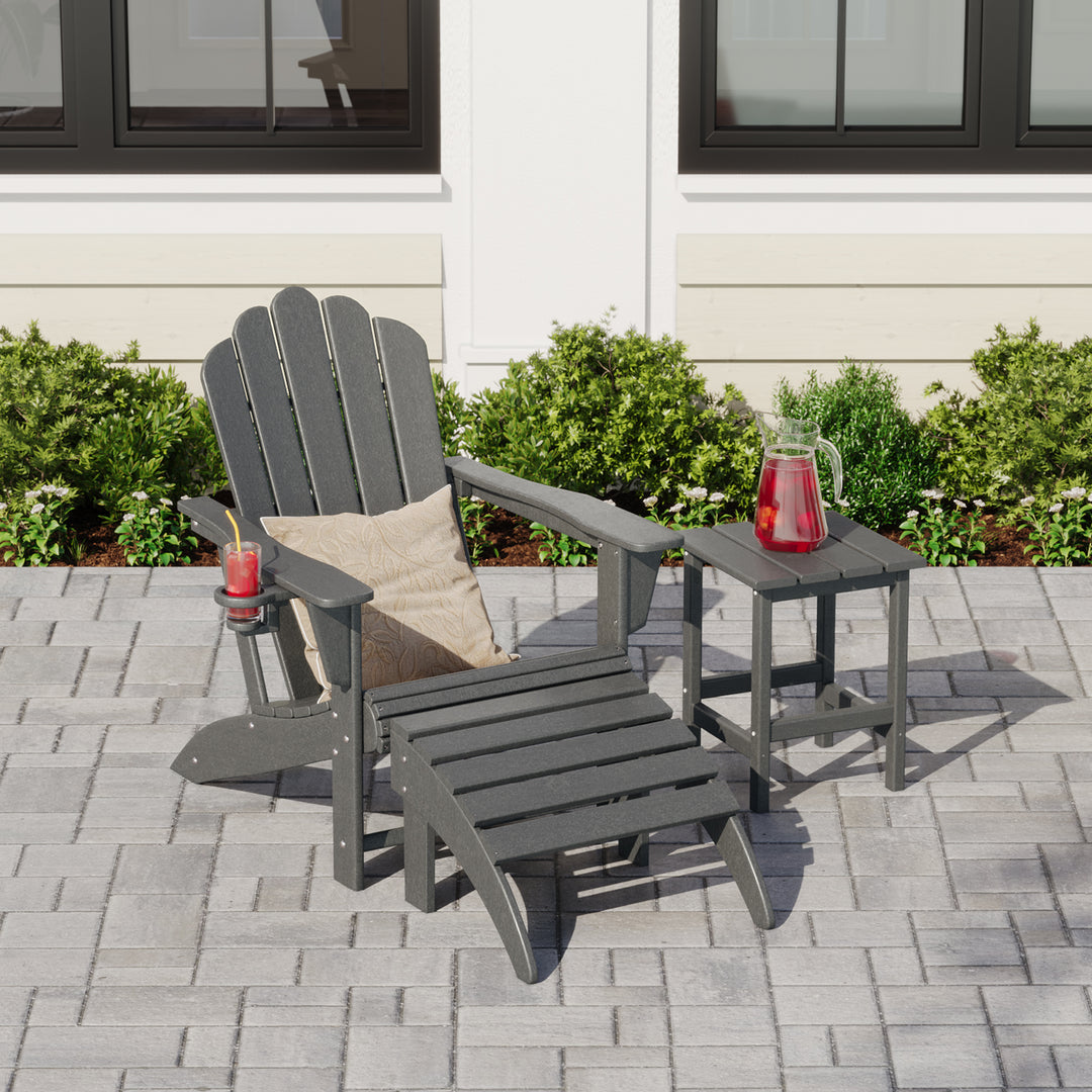 Highland 3-Piece Adirondack Chair with Cup Holder and Folding Ottoman and Table Set