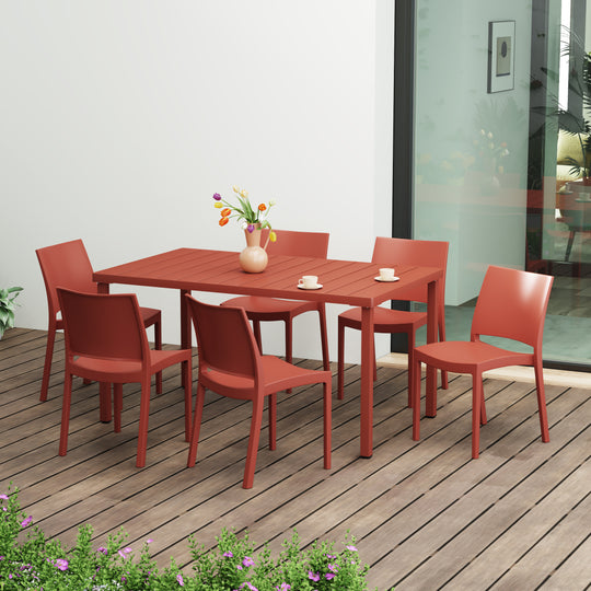 Playa 7-Piece Outdoor Rectangular Metal Patio Dining Table Set With Stackable Resin Patio Side Chairs