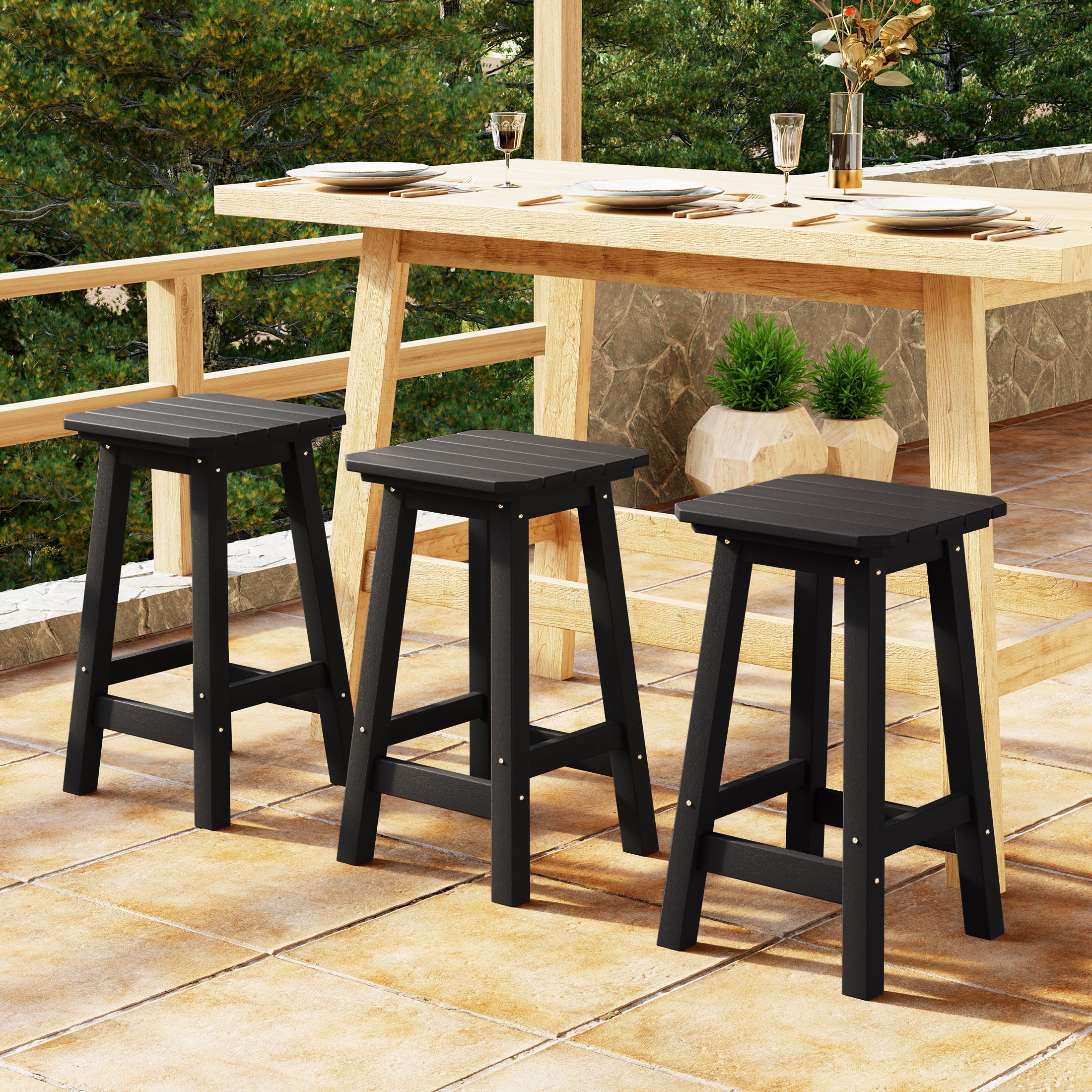 Malibu 24" HDPE Outdoor Patio Counter High Backless Square Bar Stools Set of Three